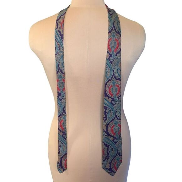 Vintage Henry Grethel Tie Blue Red Classic Paisley Print Silk Crepe Necktie - Picture 3 of 6